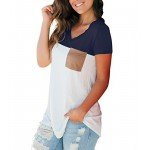 LIHER Women's Casual Short Sleeve V-Neck Color Block T-Shirt Tops with Suede Pocket
