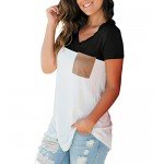 LIHER Women's Casual Short Sleeve V-Neck Color Block T-Shirt Tops with Suede Pocket