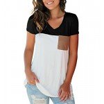 LIHER Women's Casual Short Sleeve V-Neck Color Block T-Shirt Tops with Suede Pocket