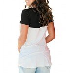 LIHER Women's Casual Short Sleeve V-Neck Color Block T-Shirt Tops with Suede Pocket