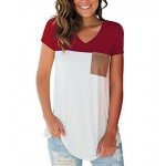 LIHER Women's Casual Short Sleeve V-Neck Color Block T-Shirt Tops with Suede Pocket