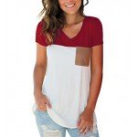 LIHER Women's Casual Short Sleeve V-Neck Color Block T-Shirt Tops with Suede Pocket