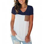 LIHER Women's Casual Short Sleeve V-Neck Color Block T-Shirt Tops with Suede Pocket