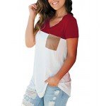 LIHER Women's Casual Short Sleeve V-Neck Color Block T-Shirt Tops with Suede Pocket