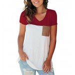 LIHER Women's Casual Short Sleeve V-Neck Color Block T-Shirt Tops with Suede Pocket