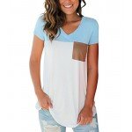 LIHER Women's Casual Short Sleeve V-Neck Color Block T-Shirt Tops with Suede Pocket