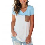 LIHER Women's Casual Short Sleeve V-Neck Color Block T-Shirt Tops with Suede Pocket