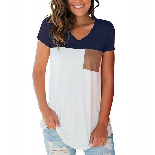 LIHER Women's Casual Short Sleeve V-Neck Color Block T-Shirt Tops with Suede Pocket