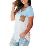 LIHER Women's Casual Short Sleeve V-Neck Color Block T-Shirt Tops with Suede Pocket