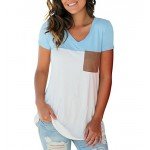 LIHER Women's Casual Short Sleeve V-Neck Color Block T-Shirt Tops with Suede Pocket
