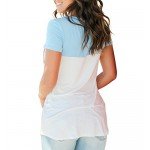 LIHER Women's Casual Short Sleeve V-Neck Color Block T-Shirt Tops with Suede Pocket