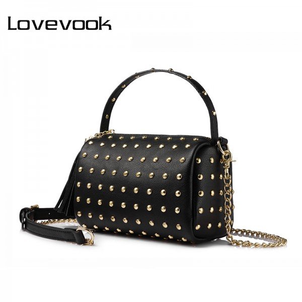 LOVEVOOK brand chain shoulder bag for women small handbag purse with rivets female tassel crossbody bags mini clutch Gold/Black