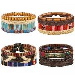 LOYALLOOK 15pcs Men Women Linen Hemp Cords Wood Beads Ethnic Tribal Bracelets Leather Wristbands