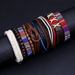 LOYALLOOK 15pcs Men Women Linen Hemp Cords Wood Beads Ethnic Tribal Bracelets Leather Wristbands