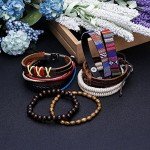 LOYALLOOK 15pcs Men Women Linen Hemp Cords Wood Beads Ethnic Tribal Bracelets Leather Wristbands
