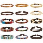 LOYALLOOK 15pcs Men Women Linen Hemp Cords Wood Beads Ethnic Tribal Bracelets Leather Wristbands