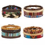 LOYALLOOK 15pcs Men Women Linen Hemp Cords Wood Beads Ethnic Tribal Bracelets Leather Wristbands