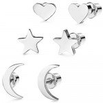 LOYALLOOK 3 Pairs Stainless Steel Moon Star and heart Plain Stud Earrings for Women and Girls