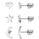 LOYALLOOK 3 Pairs Stainless Steel Moon Star and heart Plain Stud Earrings for Women and Girls