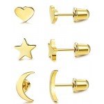 LOYALLOOK 3 Pairs Stainless Steel Moon Star and heart Plain Stud Earrings for Women and Girls
