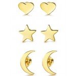 LOYALLOOK 3 Pairs Stainless Steel Moon Star and heart Plain Stud Earrings for Women and Girls