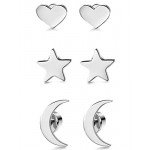 LOYALLOOK 3 Pairs Stainless Steel Moon Star and heart Plain Stud Earrings for Women and Girls