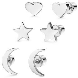 LOYALLOOK 3 Pairs Stainless Steel Moon Star and heart Plain Stud Earrings for Women and Girls