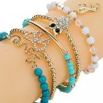 Lovelychica Vintage 5PCS Multi Layer Bracelets Turquoise Triangle Knot Stackable Open Cuff Bracelet Set Bangle Women