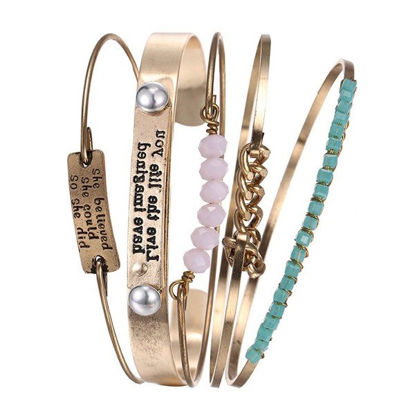 Lovelychica Vintage 5PCS Multi Layer Bracelets Turquoise Triangle Knot Stackable Open Cuff Bracelet Set Bangle Women
