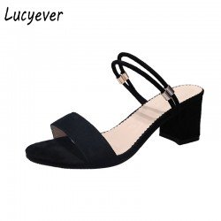 Lucyever 2018 Summer Fashion PU Leather Women High Heels Sandals Concise Solid Flip Flops Ankle Strap Casual Shoes Woman