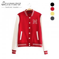 M logo classical bomber ladies jacket women coat female autumn casual cardigan team patchwork Baseball o-neck tops bolero 2017