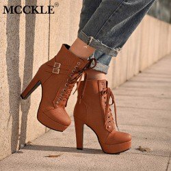 MCCKLE Plus Size Ankle Boots For Women Platform High Heels Female Lace Up Shoes Woman Buckle Short Boot Casual Ladies Footwear