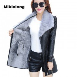 Mikialong 2017 Fur Collar Women Long Leather Jacket Coat Female Winter Long Sleeve Suede Fur Jacket Women Bow Motorcycle Jacket