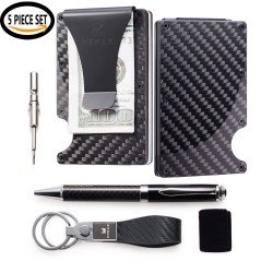 NEW 2018 Munah Minimalist Real Carbon Fiber Money Clip Wallet Set – RFID Blocking Aluminum Steel Credit Card Holder Case Slim Compact Durable Sleek Front Pocket Design + Leather Key Chain & Pen