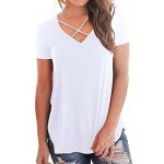 NIASHOT Women's Casual Short Sleeve Solid Criss Cross Front V-Neck T-Shirt Tops