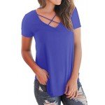 NIASHOT Women's Casual Short Sleeve Solid Criss Cross Front V-Neck T-Shirt Tops