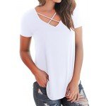 NIASHOT Women's Casual Short Sleeve Solid Criss Cross Front V-Neck T-Shirt Tops