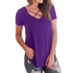 NIASHOT Women's Casual Short Sleeve Solid Criss Cross Front V-Neck T-Shirt Tops