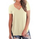 NIASHOT Women's Casual Short Sleeve Solid Criss Cross Front V-Neck T-Shirt Tops