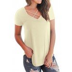 NIASHOT Women's Casual Short Sleeve Solid Criss Cross Front V-Neck T-Shirt Tops