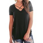 NIASHOT Women's Casual Short Sleeve Solid Criss Cross Front V-Neck T-Shirt Tops