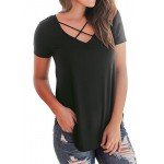 NIASHOT Women's Casual Short Sleeve Solid Criss Cross Front V-Neck T-Shirt Tops