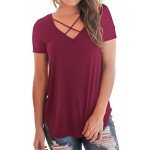 NIASHOT Women's Casual Short Sleeve Solid Criss Cross Front V-Neck T-Shirt Tops