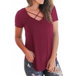 NIASHOT Women's Casual Short Sleeve Solid Criss Cross Front V-Neck T-Shirt Tops