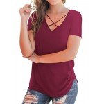 NIASHOT Women's Casual Short Sleeve Solid Criss Cross Front V-Neck T-Shirt Tops