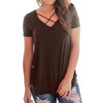 NIASHOT Women's Casual Short Sleeve Solid Criss Cross Front V-Neck T-Shirt Tops