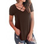 NIASHOT Women's Casual Short Sleeve Solid Criss Cross Front V-Neck T-Shirt Tops