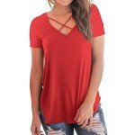 NIASHOT Women's Casual Short Sleeve Solid Criss Cross Front V-Neck T-Shirt Tops