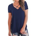 NIASHOT Women's Casual Short Sleeve Solid Criss Cross Front V-Neck T-Shirt Tops