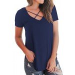 NIASHOT Women's Casual Short Sleeve Solid Criss Cross Front V-Neck T-Shirt Tops